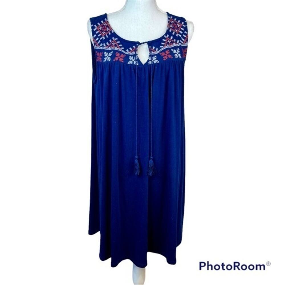 Thyme & Honey Women’s Stretch Blue Embroidered Bohemian Casual Slip Midi Dress M